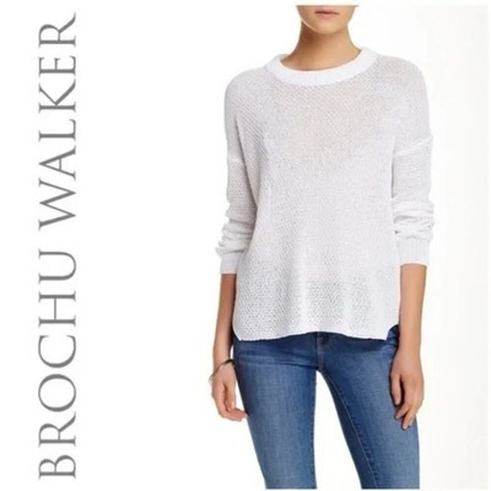 Brochu Walker Crewneck Sweater S Chic Preppy High Low Cotton Ble Feminine White